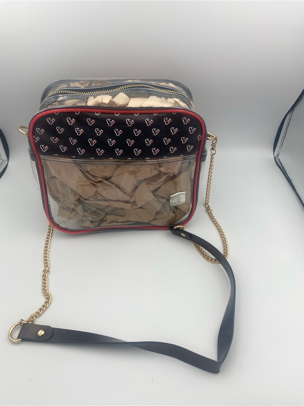 NFL Clear Crossbody Bag with Black and Red Accents and Gold Chain